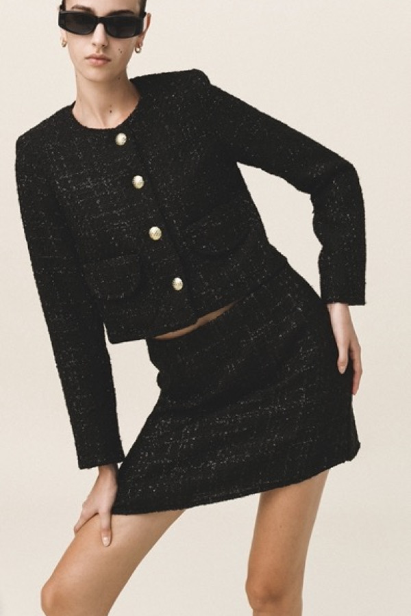 DOREEN TWEED CROP BLACK JACKET AND SKIRT